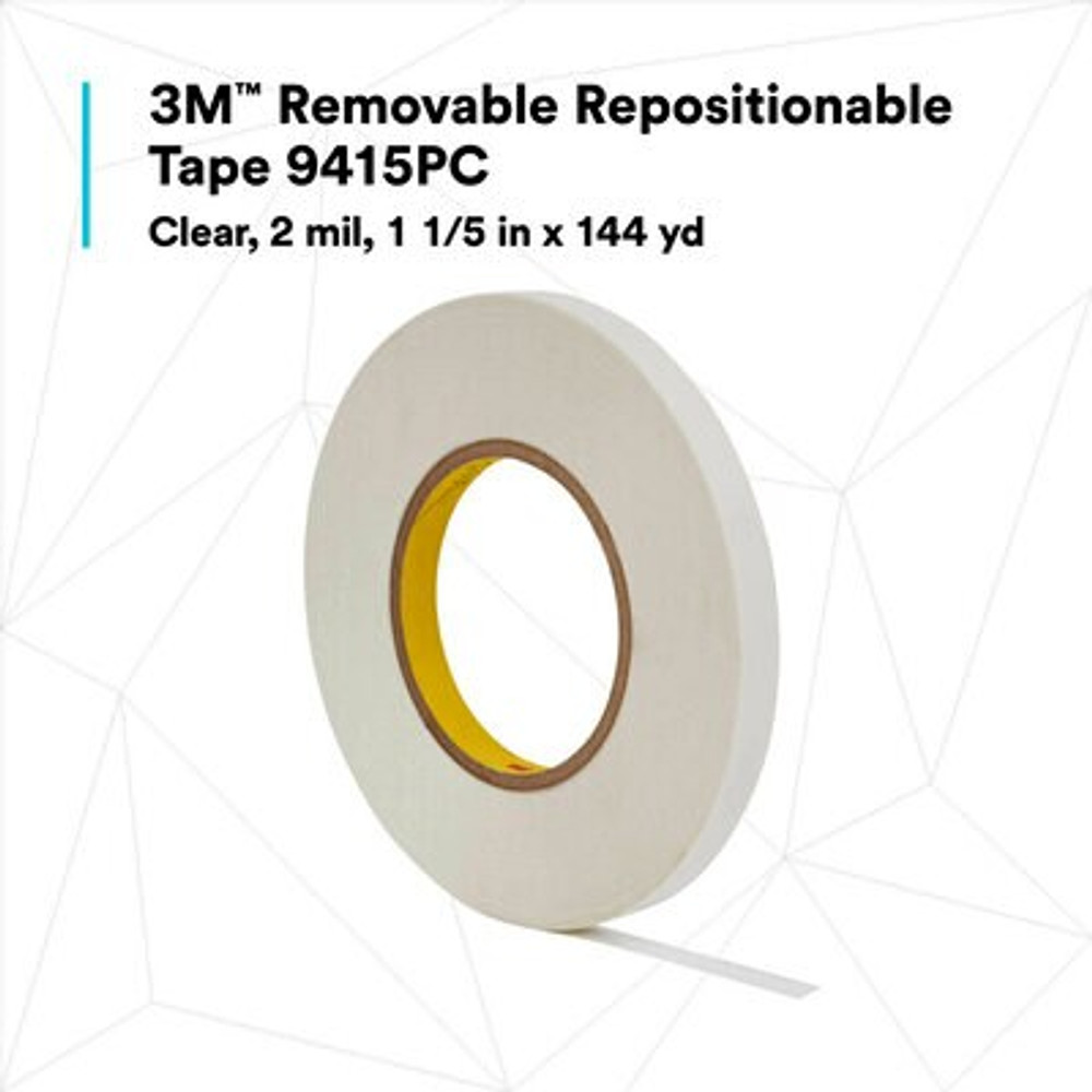 3M Removable Repositionable Tape 9415PC, Clear, 1 1/5 in x 144 yd, 2
mil, Unprinted, 6 Rolls/Case