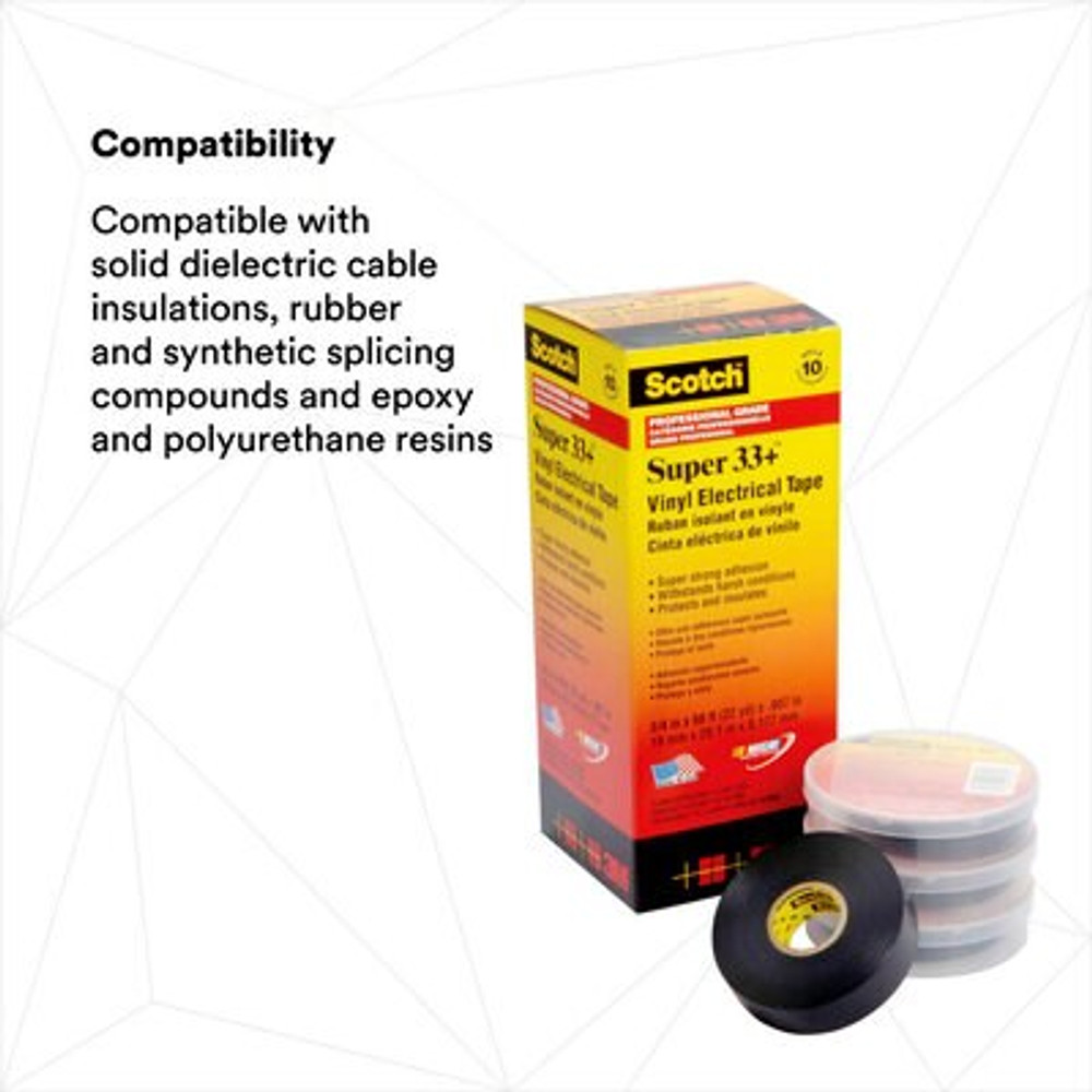 Scotch Super 33+ Vinyl Electrical Tape, 1-1/2 in x 36 yd, 1-1/2 in
Core, Black, 50 rolls/Case