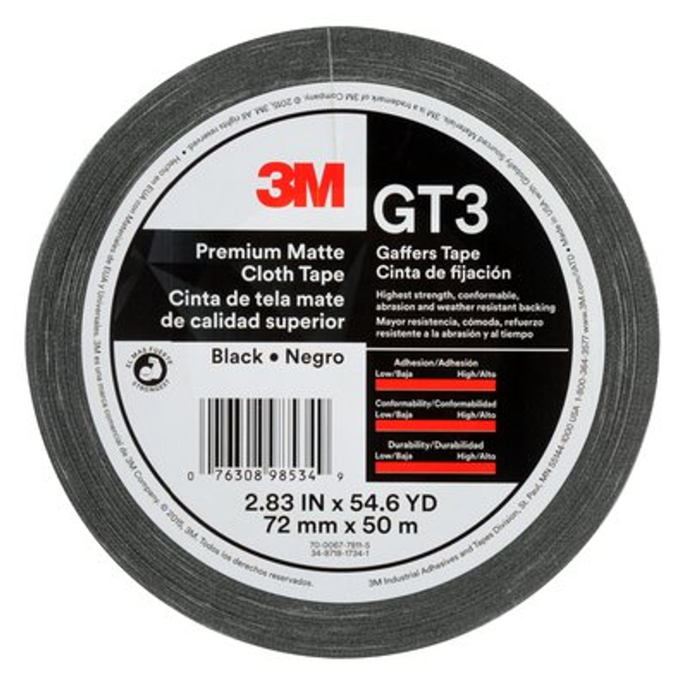 3M Premium Matte Cloth (Gaffers) Tape GT3, Black, 72 mm x 50 m, 11 mil,
16/Case