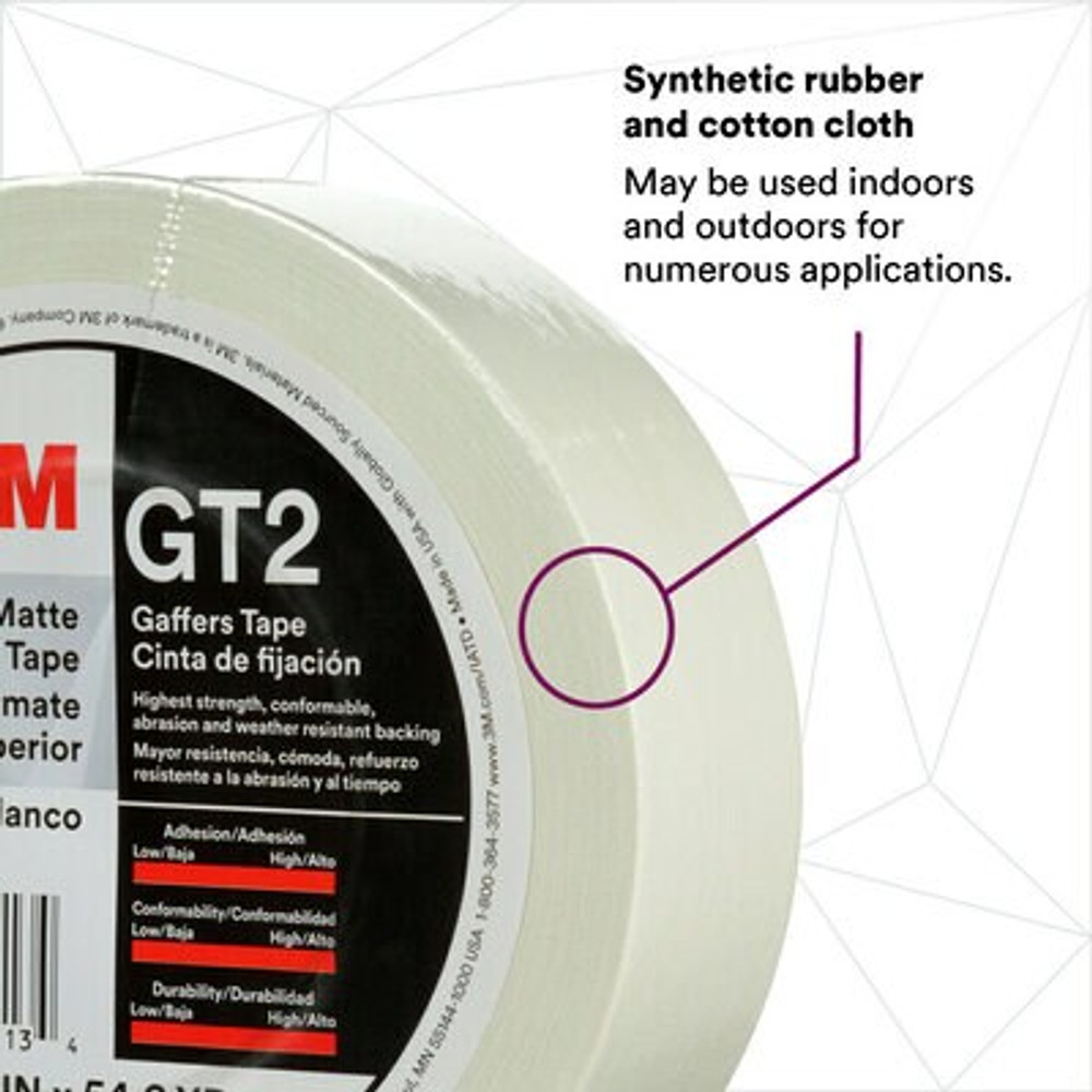3M Premium Matte Cloth (Gaffers) Tape GT2, White, 48 mm x 50 m 11 mil,24 per case 98513