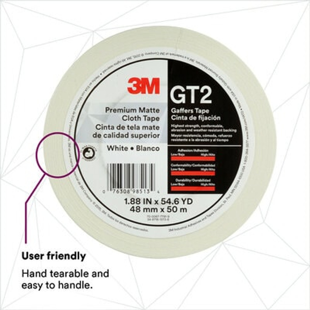 3M Premium Matte Cloth (Gaffers) Tape GT2, White, 48 mm x 50 m 11 mil,24 per case 98513