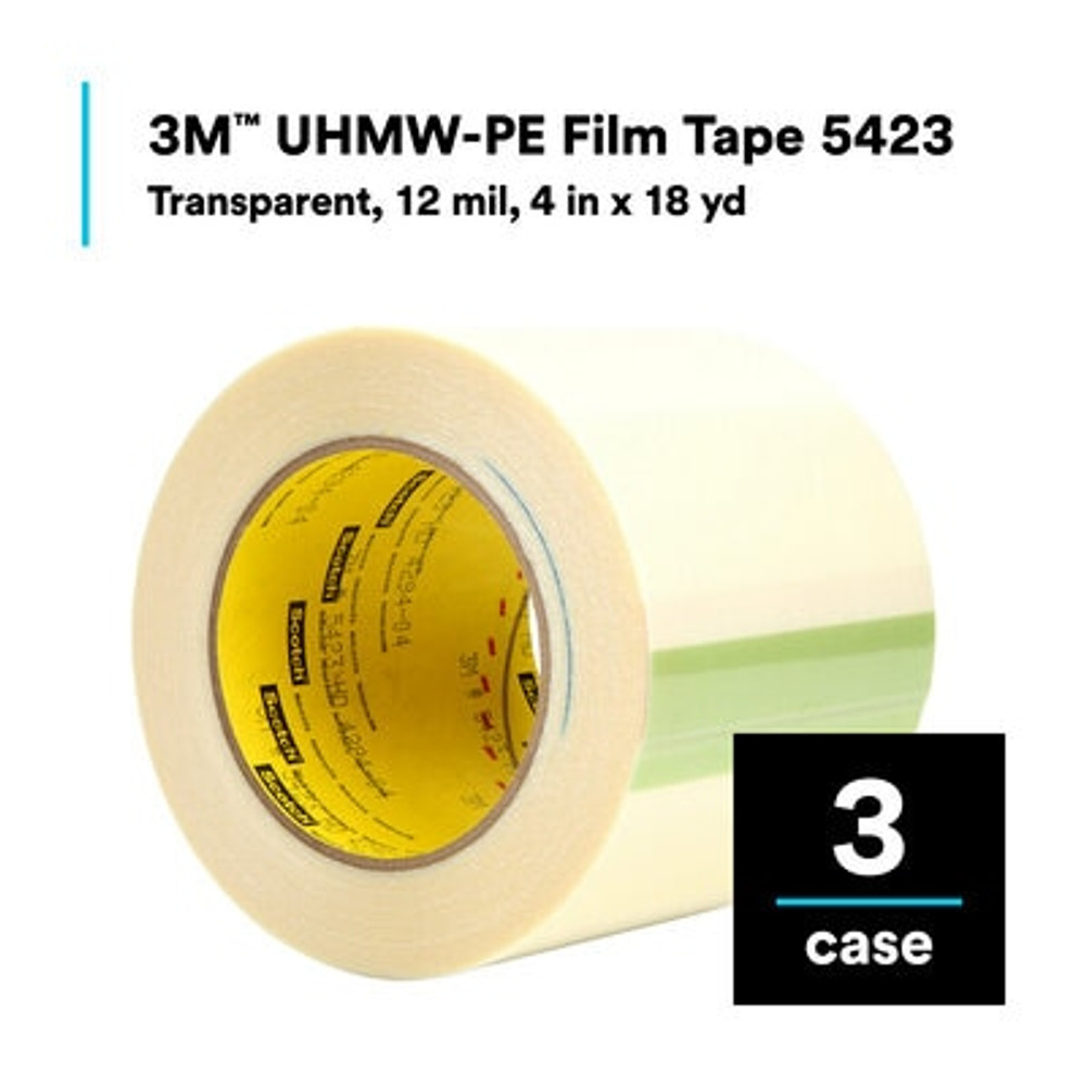 3M UHMW Film Tape 5423, Transparent, 4 in x 18 yd, 12 mil, 3 rolls percase 14457