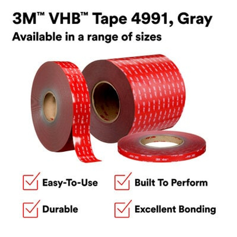 3Mâ„¢ VHBâ„¢ Tape 4991, Gray, 1/2 in x 36 yd, 90 mil, 18 Roll/Case