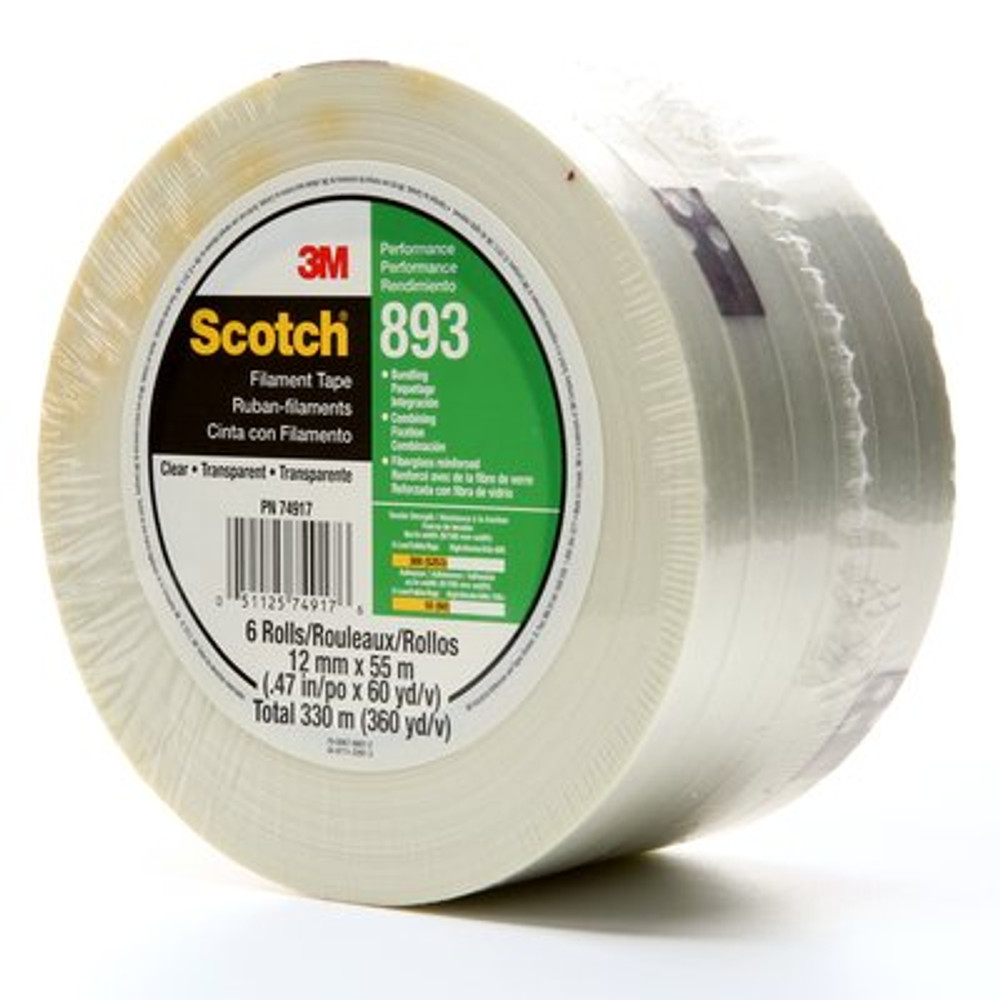 Scotch Filament Tape 893, Clear, 96 mm x 55 m, 6 mil, 12 rolls percase, Restricted 3207