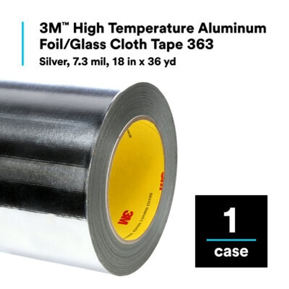 3M High Temperature Aluminum Foil Glass Cloth Tape 363, Silver, 18 in x36 yd, 7.3 mil, 1 roll per case 42849