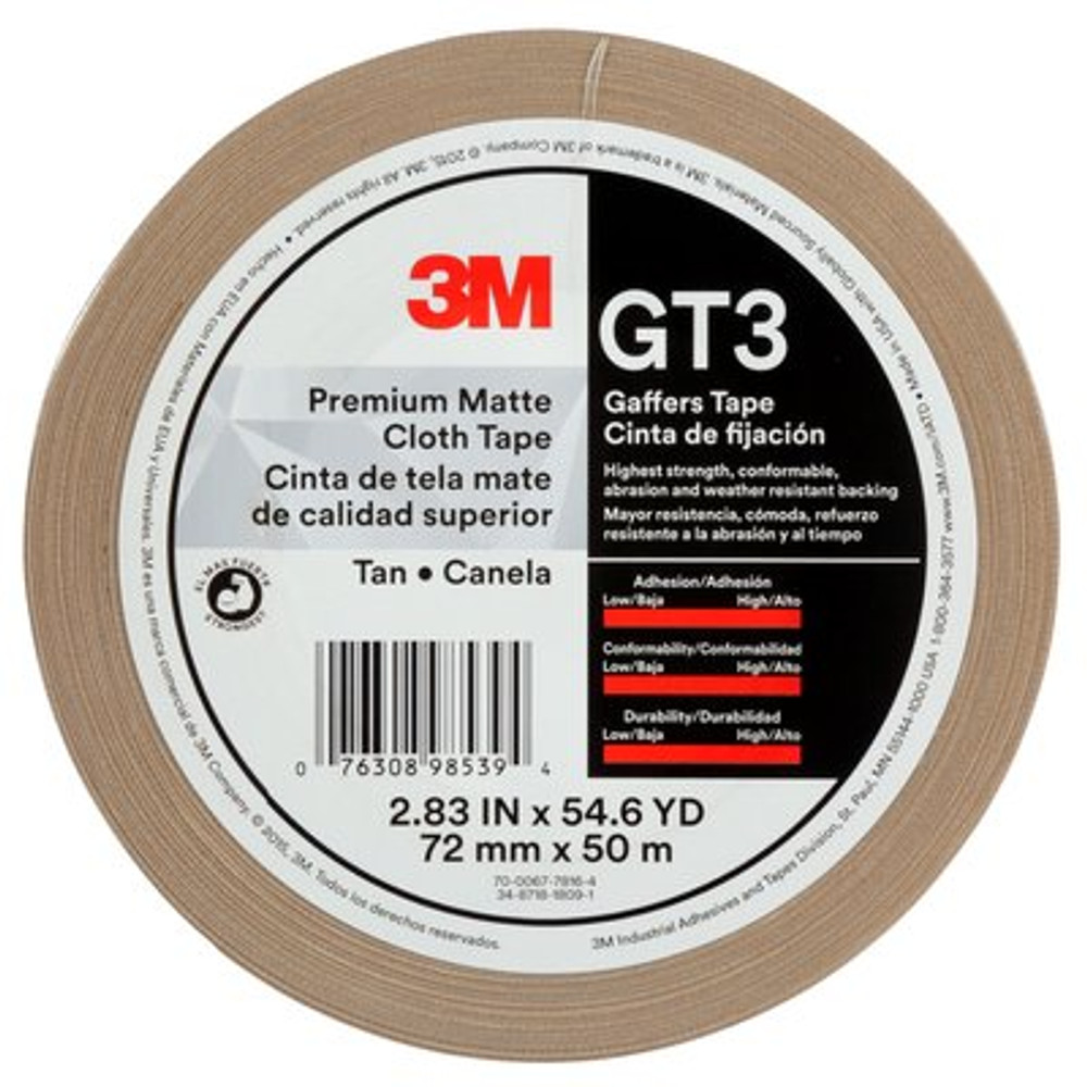 3M Premium Matte Cloth (Gaffers) Tape GT3, Tan, 72 mm x 50 m, 11 mil,16 per case 98539