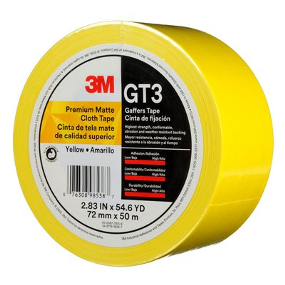 3M Premium Matte Cloth (Gaffers) Tape GT3, Yellow, 72 mm x 50 m, 11mil, 16 per case 98538