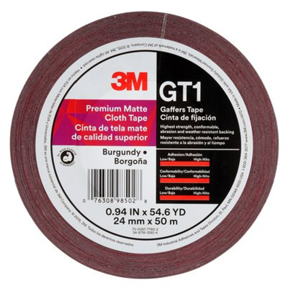 3M Premium Matte Cloth (Gaffers) Tape GT1, Burgundy, 24 mm x 50 m, 11mil, 48 per case 98502
