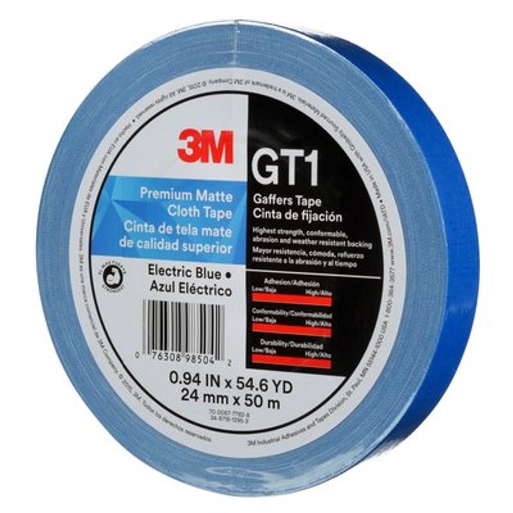 3M Premium Matte Cloth (Gaffers) Tape GT1, Electric Blue, 24 mm x 50 m,11 mil, 48 per case 98504