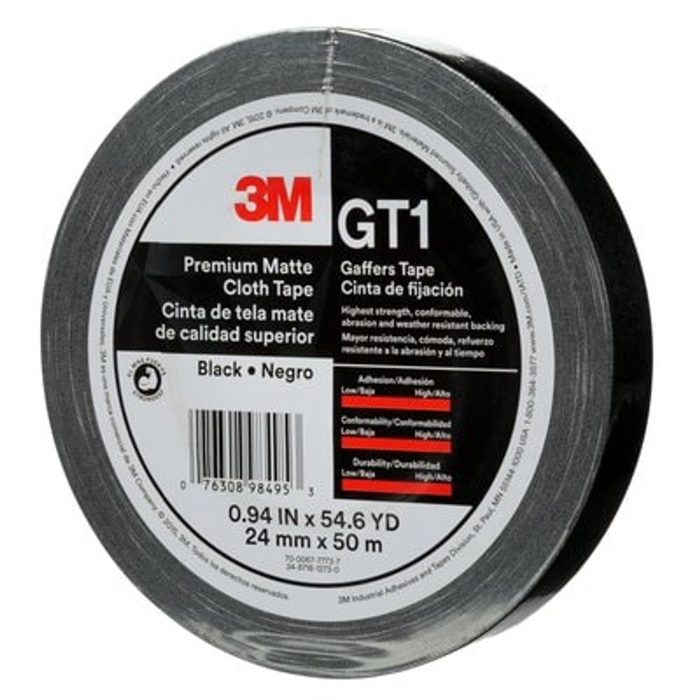 3M Premium Matte Cloth (Gaffers) Tape GT1, Black, 24 mm x 50 m, 11 mil,48 per case 98495