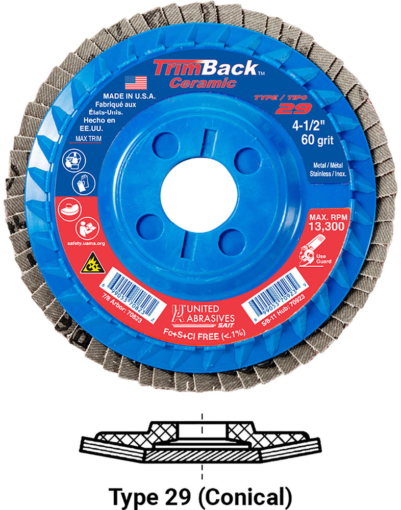 TrimBack Flap Discs,TrimBack Ceramic  Type 29 Regular Density Flap Disc,  7/8 Arbor - No Hub 70827