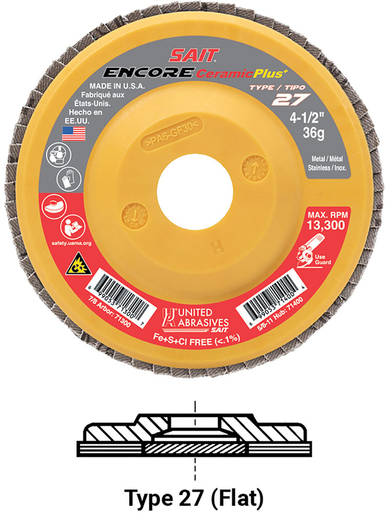 Regular Density Discs - Plastic Backing,Encore Ceramic Plus  Type 27 Regular Density Flap Disc,  7/8 Arbor - No Hub 71303