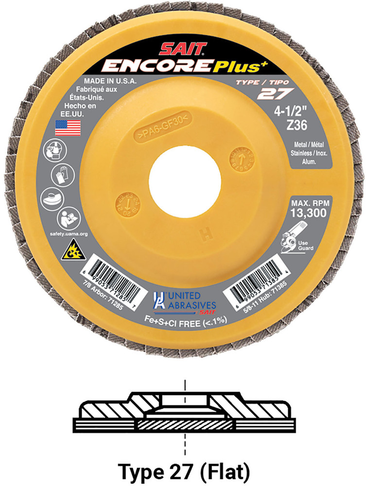 Regular Density Discs - Plastic Backing,Encore Plus  Type 27 Regular Density Flap Disc,  5/8-11 Hub 71385