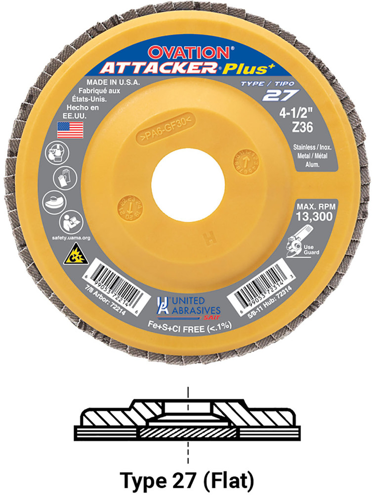 High Density Discs - Plastic Backing,Ovation? Attacker? Plus High Density Flap Disc - Type 27,  7/8 Arbor - No Hub 72220