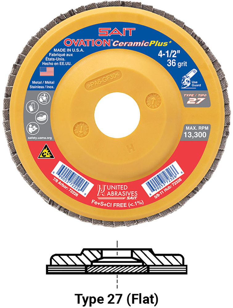 High Density Discs - Plastic Backing,Ovation? Ceramic Plus High Density Flap Disc - Type 27,  7/8 Arbor - No Hub 72226