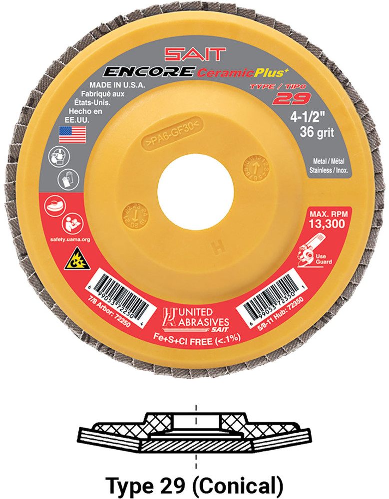 Regular Density Discs - Plastic Backing,Encore Ceramic Plus  Type 29 Regular Density Flap Disc,  7/8 Arbor - No Hub 72257