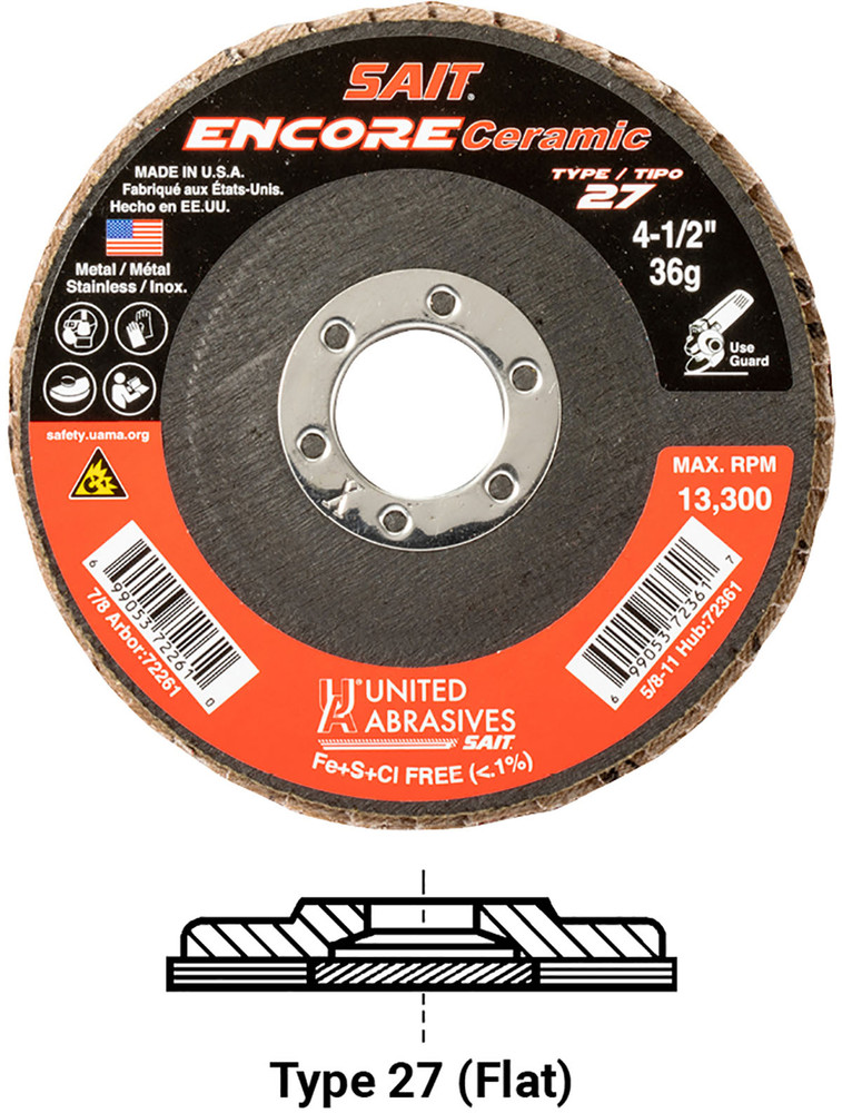 Regular Density Discs - Fiberglass Backing,Encore Ceramic  Type 27 Regular Density Flap Disc,  7/8 Arbor - No Hub 72263