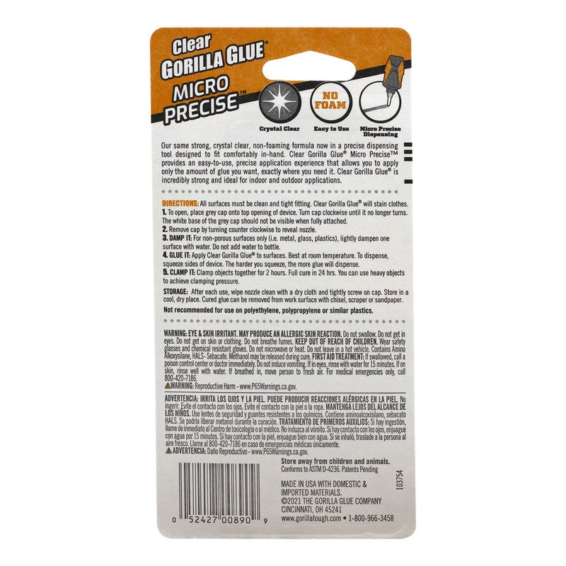 Gorilla Glue 5g Clear Micro Precise – Super Glue For Small Repairs – Quick Fix Adhesive For Crafts & Household