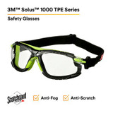 3M Solus 1000 Series S1201SGAF-TSKT, Grn/Blk, Scotchgard Anti-Fog Coating, Clear AF-AS lens, TPE/Strap only, 20 ea/Case