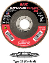 Regular Density Discs - Fiberglass Backing,Encore Ceramic  Type 29 Regular Density Flap Disc,  7/8 Arbor - No Hub 72830