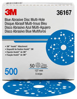3M Hookit Abrasive Disc Multi-hole, 36167, 5 in, 500 grade, 50discs/carton, 4 cartons/case 36167 Industrial 3M Products & Supplies | Blue