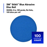 3M Stikit Blue Abrasive Disc Roll, 36268, 5 in, 180 grade, No Hole, 100 discs per roll, 5 rolls per case