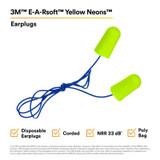 3M E-A-Rsoft Yellow Neons Earplugs 311-1250, Corded, Poly Bag,Regular Size, 2000 Pair/Case 11033