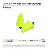 3M E-A-R Push-Ins Earplugs 318-1008, with Grip Rings, Uncorded, PolyBag, 2000 Pair/Case 18010