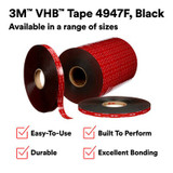 3M VHB Tape 4947F, Black, 1/2 in x 36 yd, 45 mil, Film Liner, Small
Pack, 4 Roll/Case