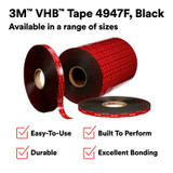 3M VHB Tape 4947F, Black, 7 1/4 in x 36 yd, 45 mil, Film Liner, 1 rollper case 7010535902