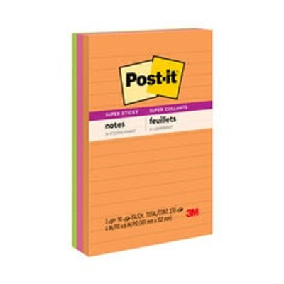 Notes Super Sticky Post-It® Grand Format, Couleurs Assorties, Lignées, 101  mm x 152 mm, Pack Promotionnel, 90 Feuilles/Bloc, 4 Blocs + 2  Gratuits/Paquet