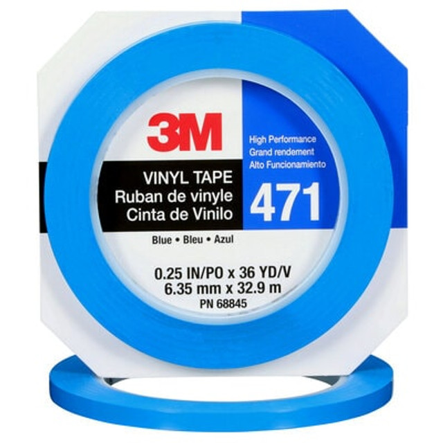 3M Vinyl Tape 471, Blue, 1/4 in x 36 yd, 5.2 mil, 144 rolls per case