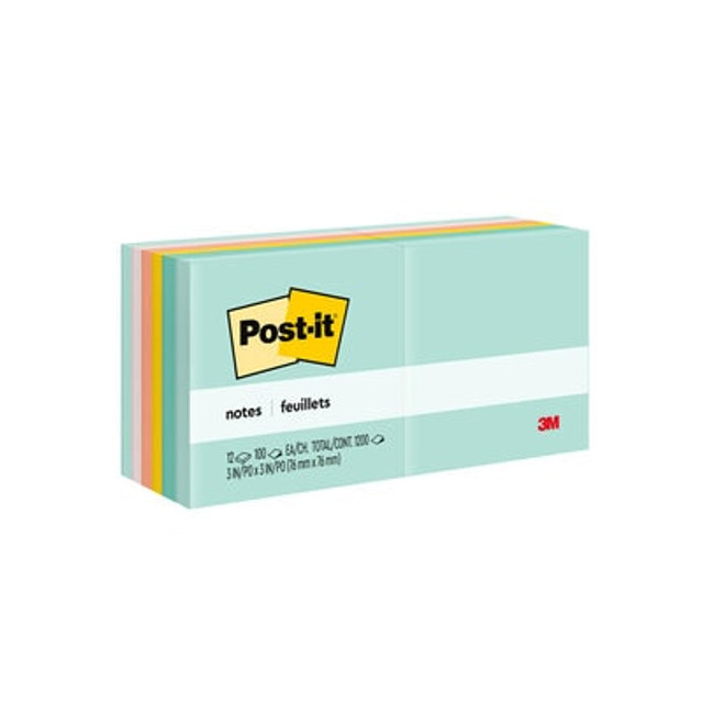 Post-it Notes, Beachside Cafe, 3in x 3in,12pk, Pastel Colors