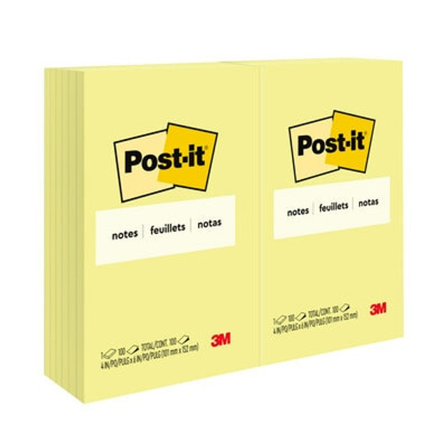 Post-it® Notes, 4 in x 6 in, Canary Yellow, 12 Pads/Pack