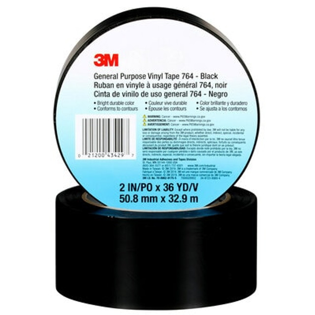 3M General Purpose Vinyl Tape 764, Black, 2 in x 36 yd, 5 mil, 24 Roll/Case