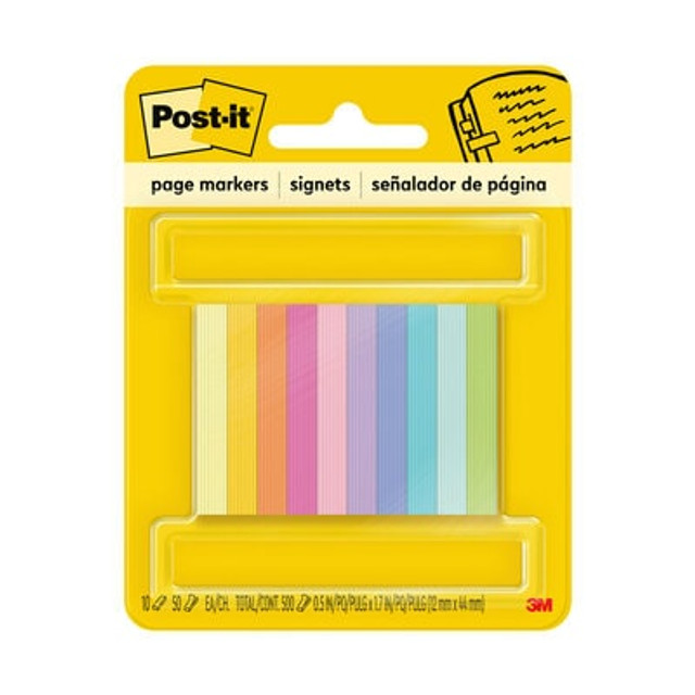 Post-it® Page Markers, Assorted Bright Colors, 1/2 in. x 2 in., 50 Markers/Pad, 10 Pads/Pack