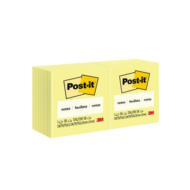 Post-it® Notes, 654, 3 in x 3 in, Canary Yellow, 12 Pads/Pack