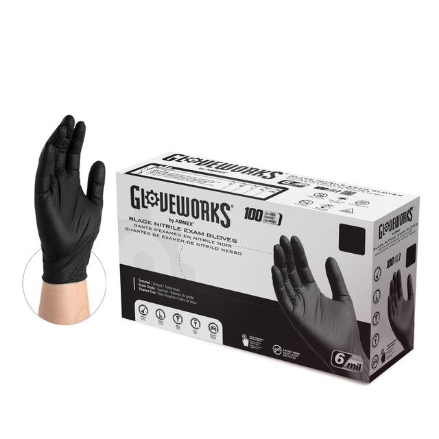 Gloveworks Black Exam Nitrile PF Gloves Double Extra Large