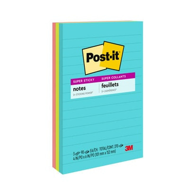 Post-it® Super Sticky Notes, 4 in. x 6 in., Supernova Neons, Lined, 3 Pads/Pack, 90 Sheets/Pad