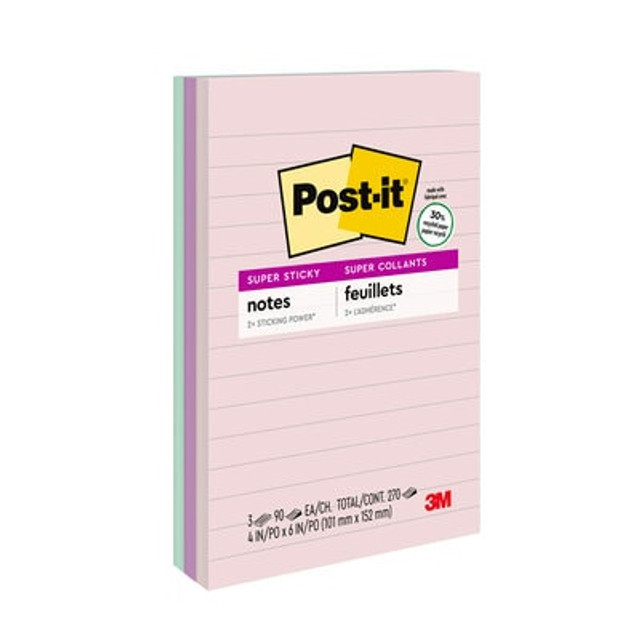 Post-it® Recycled Super Sticky Notes, 4 in x 6 in, Wanderlust Pastels Collection, Lined 3 Pads/Pack