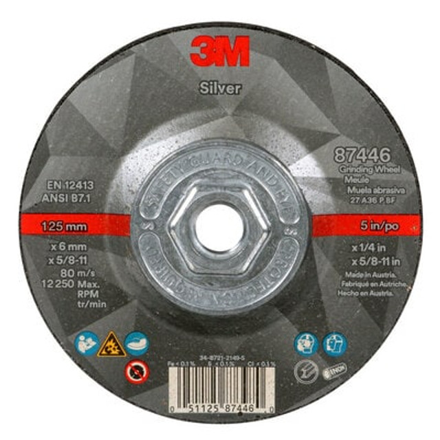 3M Silver Depressed Center Grinding Wheel, 87446, T27 Quick Change, 5 x 1/4 x 5/8-11 in