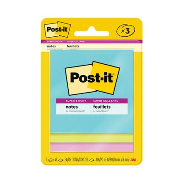 Post-it® Super Sticky Notes, Assorted Sizes, Supernova Neons, 3 Pads/Pack, 45 Sheets/Pad