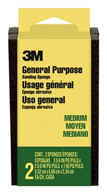 3M Sanding Sponge CP-002-2P, Block, 3 3/4 in x 2 5/8 in x 1 in, Medium, 12 pk/cs