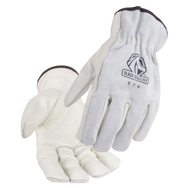 Black Stallion GRAIN/SPLIT COWHIDE - Kevlar SEWN DRIVER'S STYLE GLOVES, Size L | Gray/White