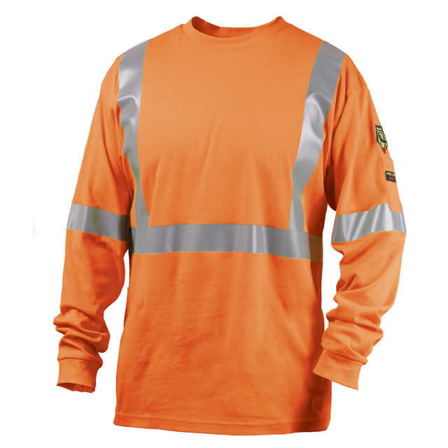 Black Stallion 7 oz FLAME-RESISTANT COTTON Orange Long Sleeve T-SHIRT w/ SILVER REFLECTIVE - NFPA 2112, NFPA 70E Size X-Large