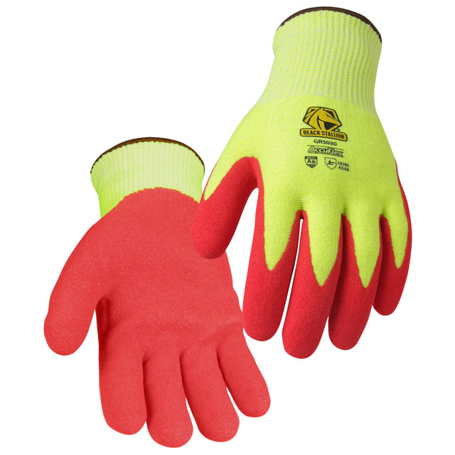 Black Stallion A6 CUT RESISTANT SANDY NITRILE COATED HI-VIS HPPE BLEND GLOVE, COLOR HR, Size Small, COLOR HR, Size Small | Safety Lime/Red