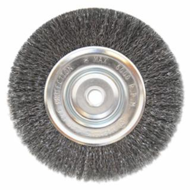 Light Duty Crimped Wheel Brushes, 6 D x 1/2 W, 0.014 Carbon Steel, 5/8 in - 1/2 in