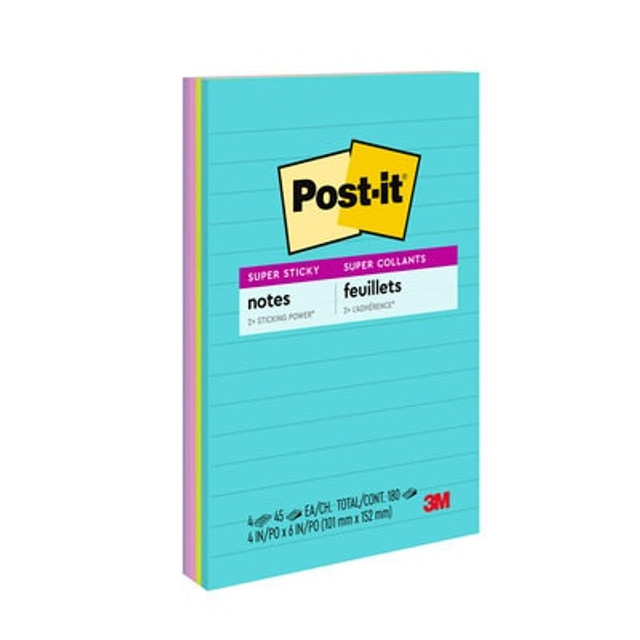 Post-it® Super Sticky Notes, 4 in. x 6 in., Supernova Neons, 4 Pads/Pack, 45 Sheets/Pad, Lined