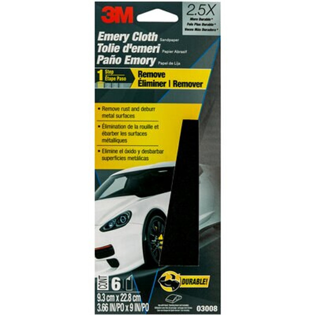 3M Emery Cloth 3008, 3-2/3 in x 9 in,  Assorted Grit, 6 Sheet/Pack, 20 Pack/Case
