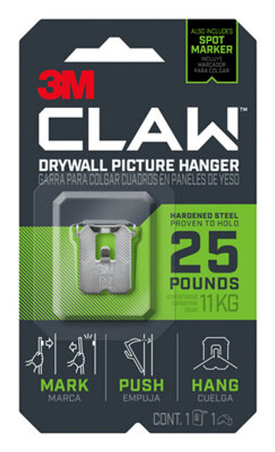 3M CLAW Drywall Picture Hanger 25 lb with Temporary Spot Marker 3PH25M-1ES, 1 hanger, 1 marker